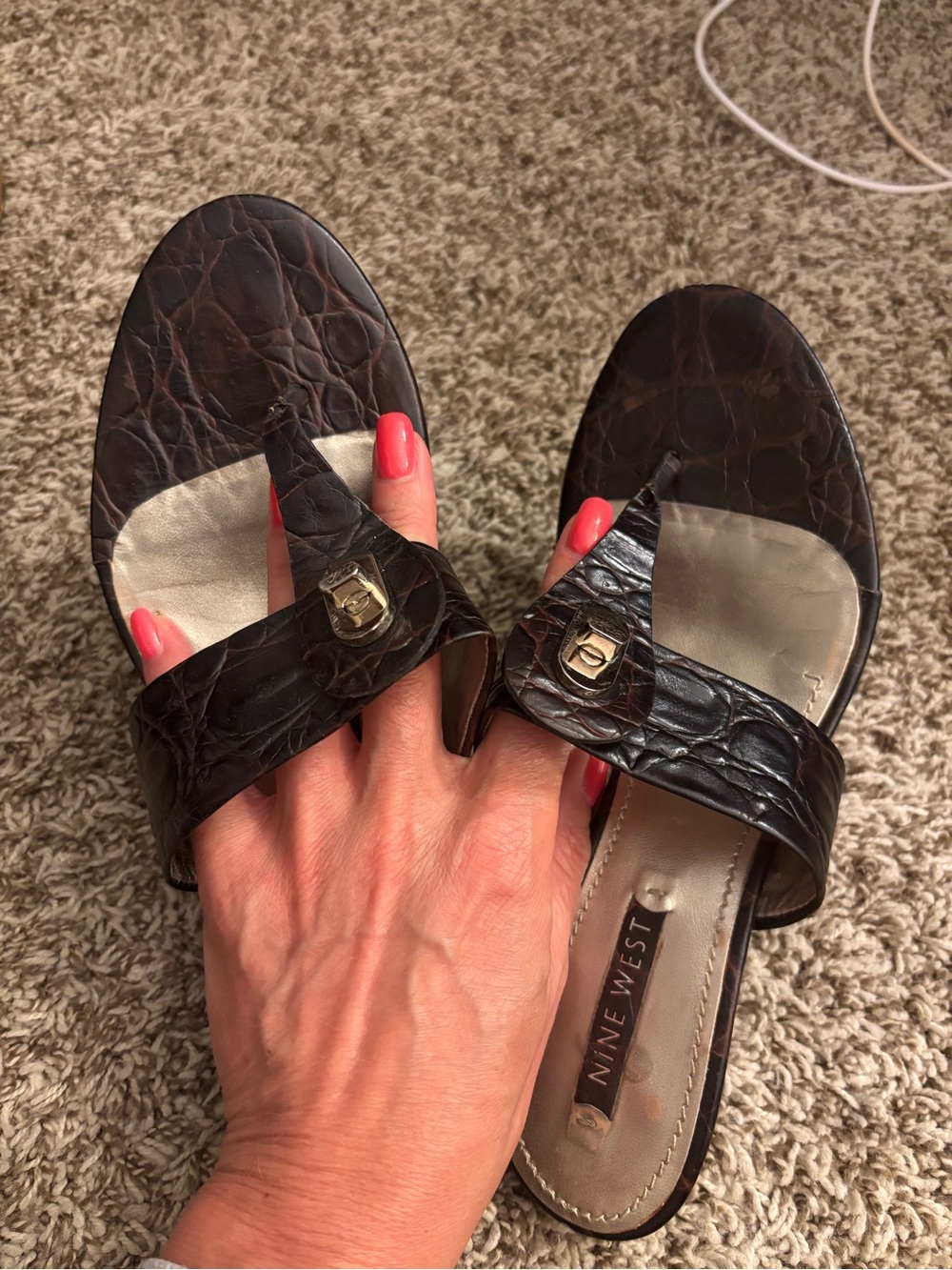 Nine West Women's Dark Brown Croc-Embossed Slide Sandals